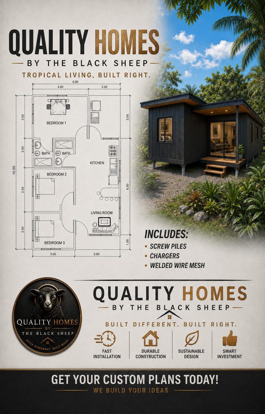 Example home plan — Quality Homes By The Black Sheep community housing build, showing floor plan and exterior render of a 3-bedroom prefab home in Costa Rica