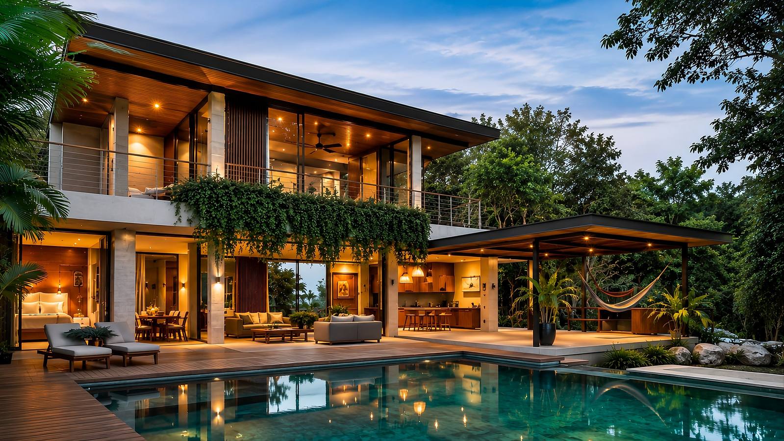 Custom home built in Costa Rica by Quality Homes By The Black Sheep — luxury tropical home with pool and open-plan living